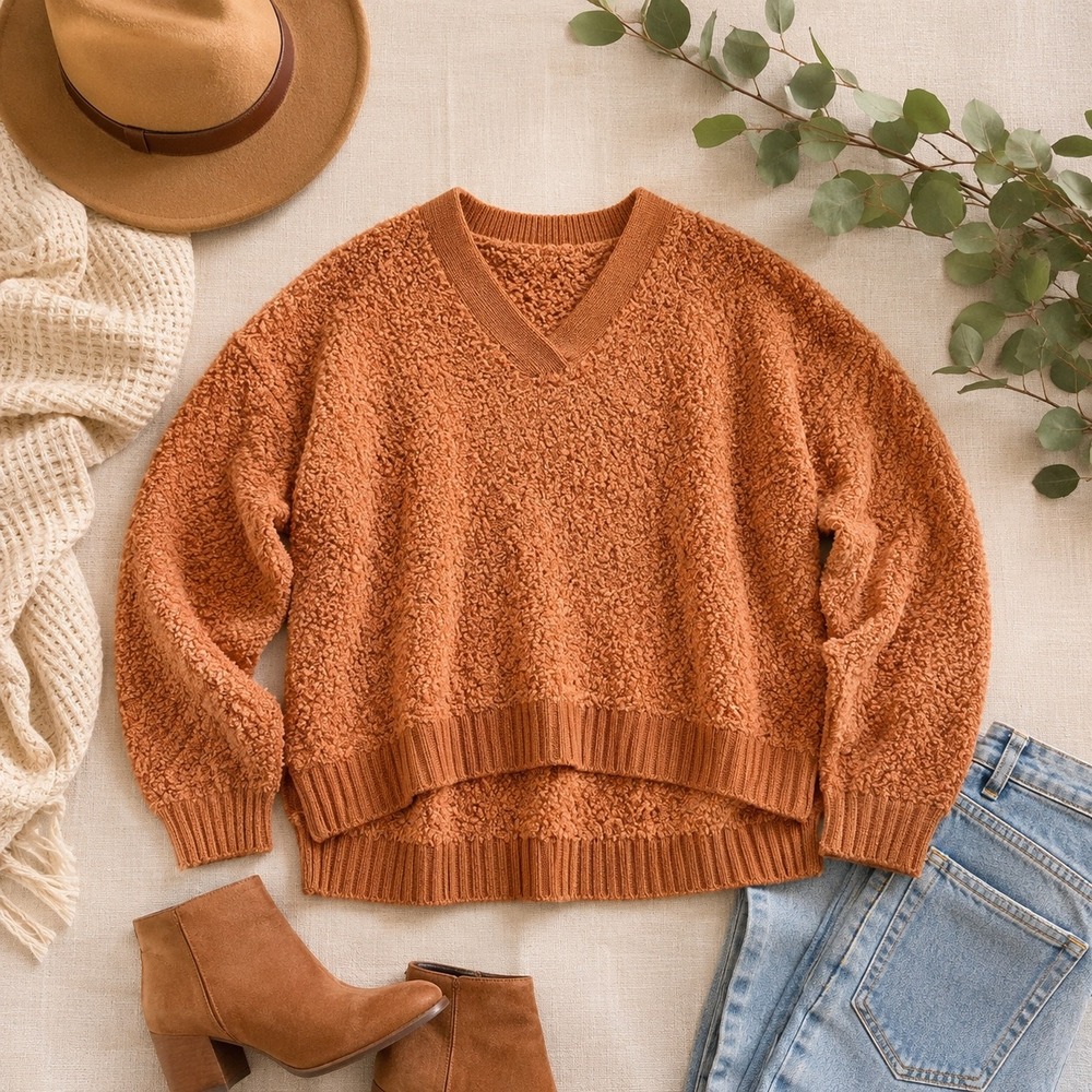 UGG Deeann Cloudfluff Sweater Women L Orange V-Neck Wool Blend Cozy Oversized